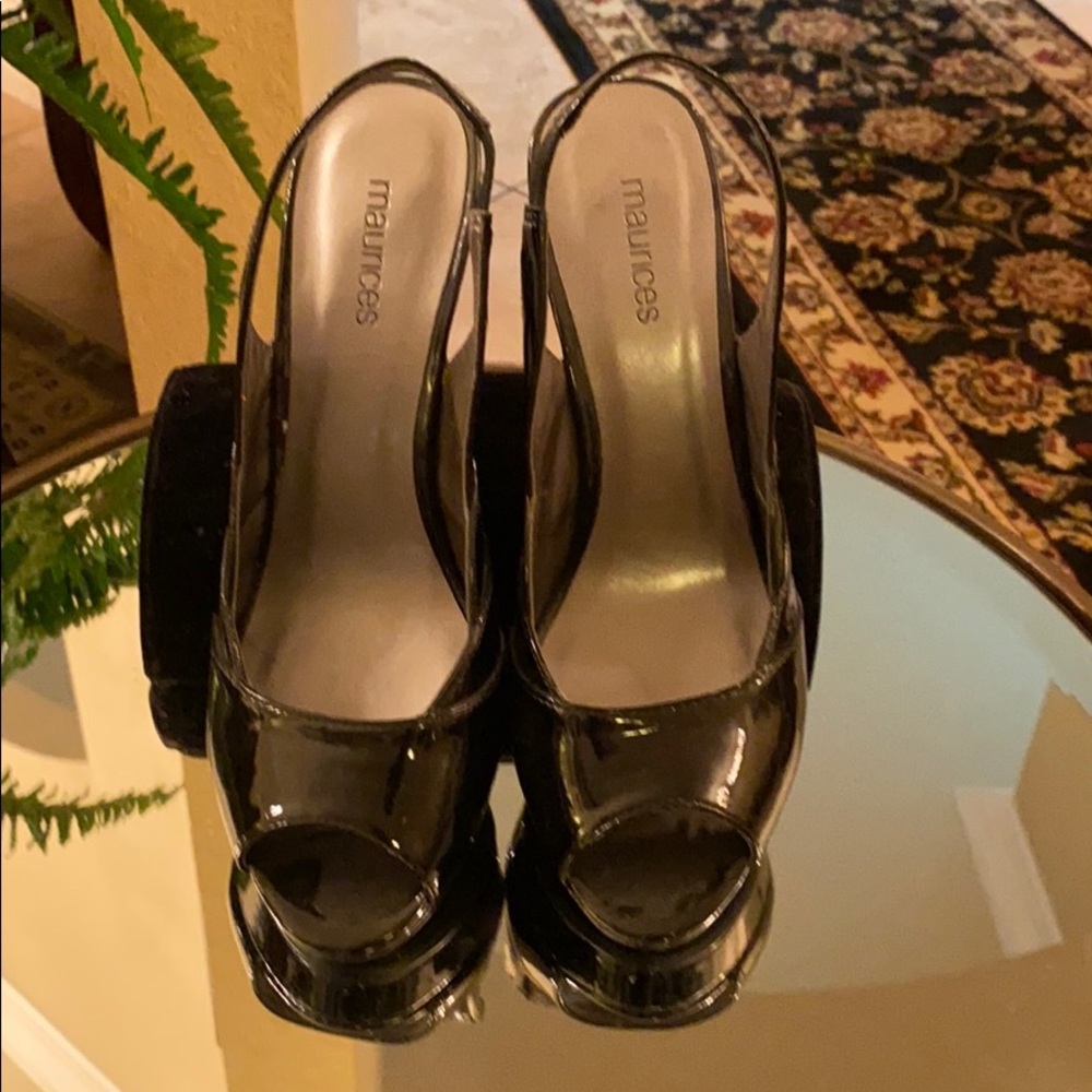 Black patent sling back peep toe 4” platform heels